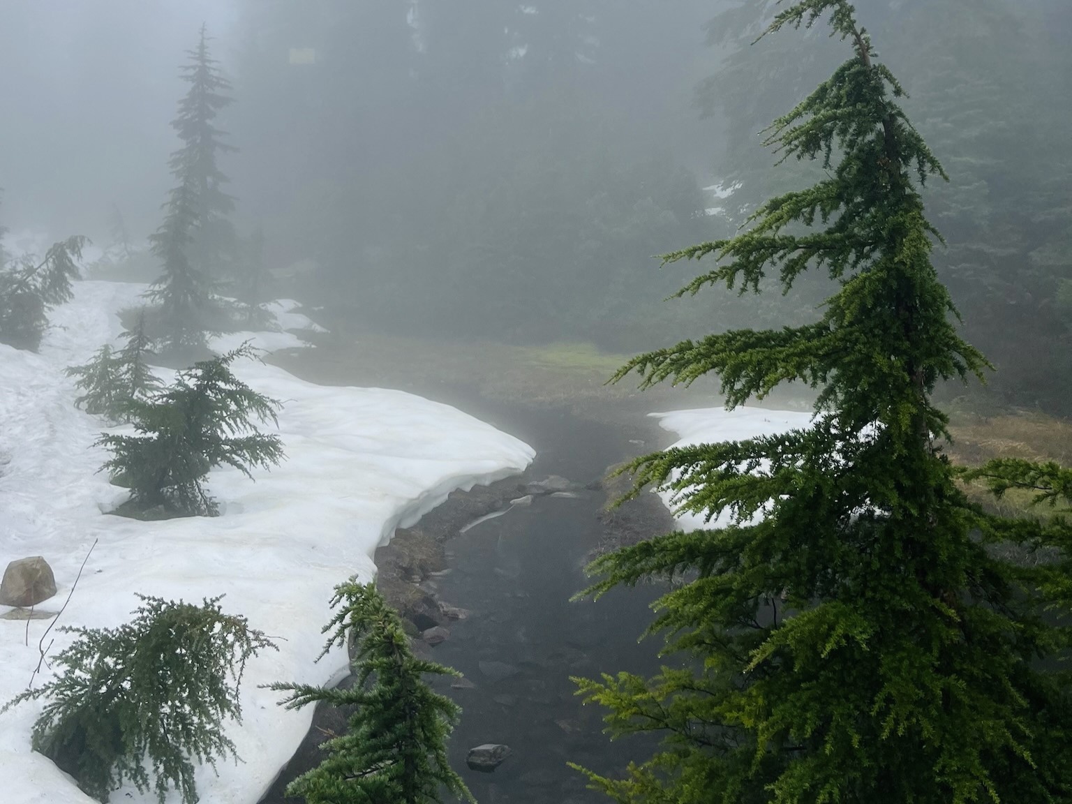雾蒙蒙的山和满是积雪的路 (left)
