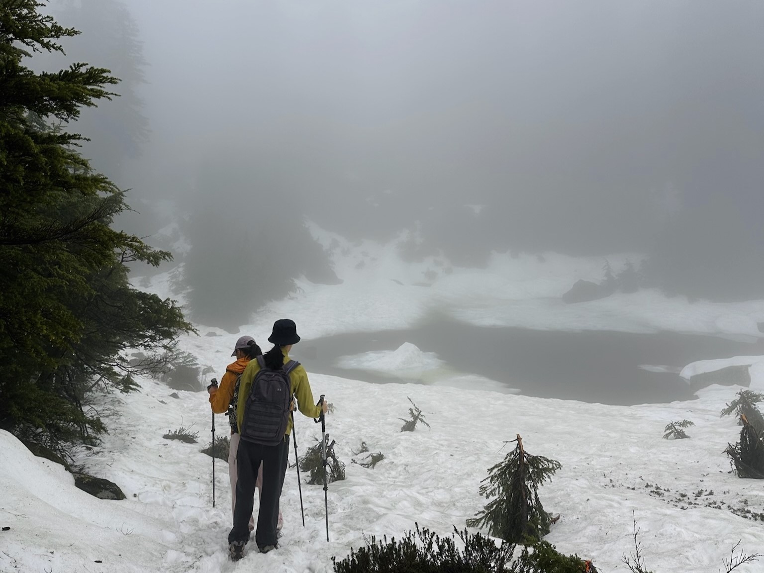 雾蒙蒙的山和满是积雪的路 (right)